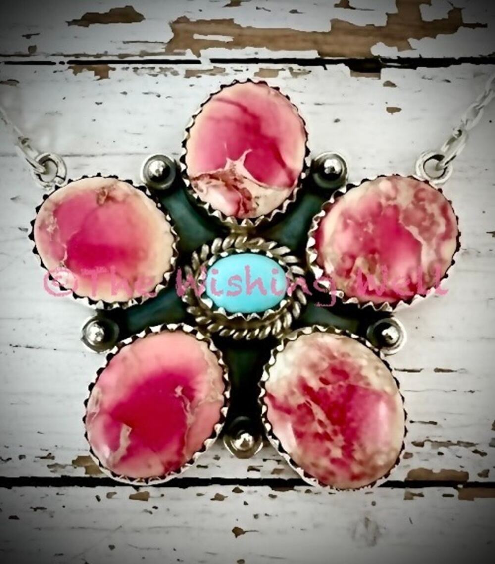 Sea Sediment Jasper & Kingman Turquoise Cluster Flower Necklace 16-18”